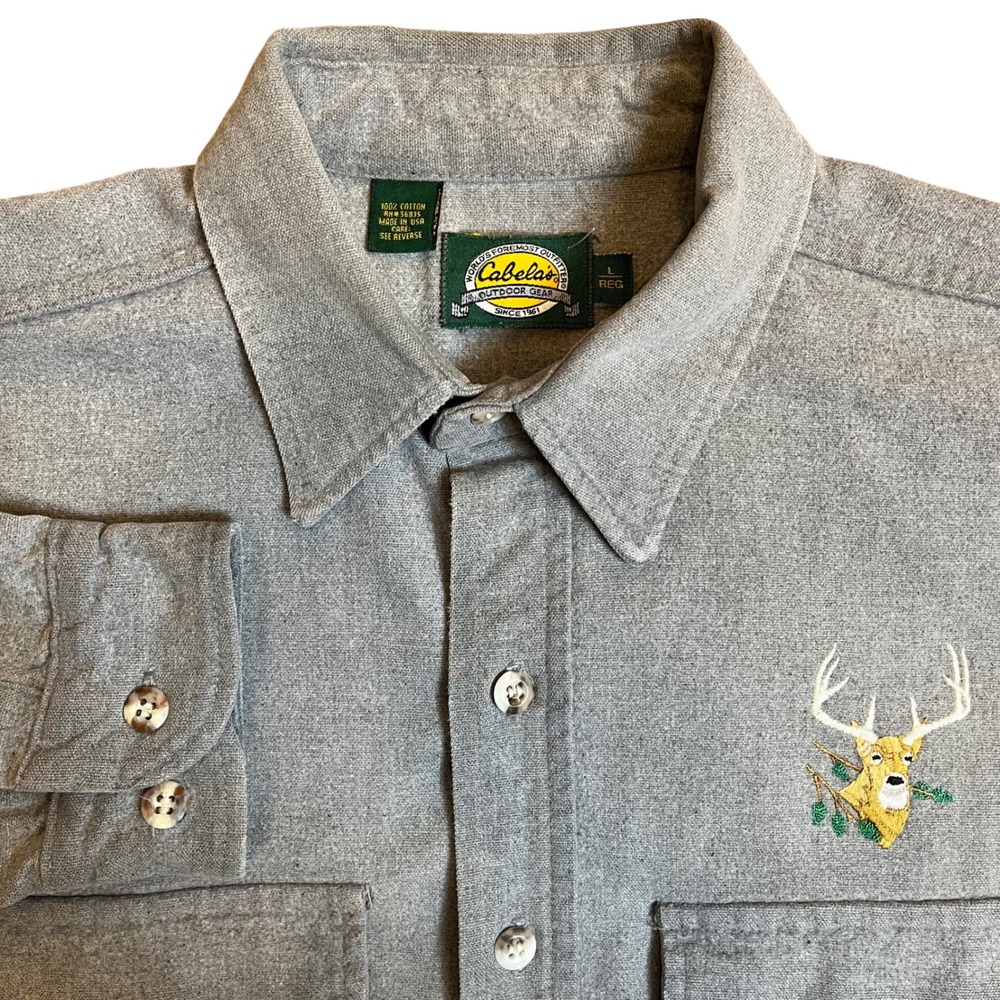 Vintage Cabela's Button Down Shirt Mens‎ L Gray Deer Long Sleeve made in America